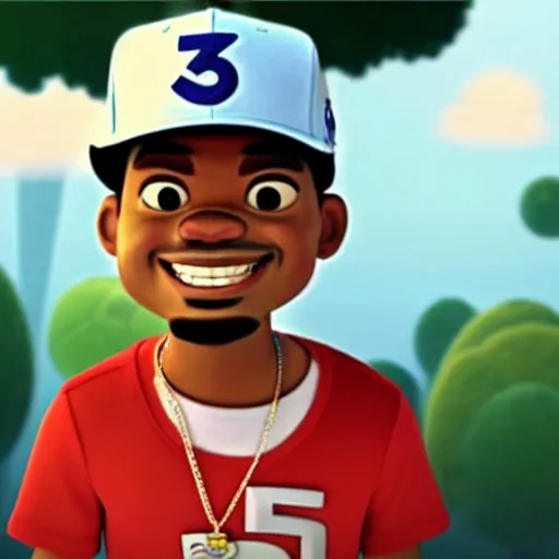 Image similar to a tv still of Chance The Rapper starring in a 2006 Pixar Animated movie