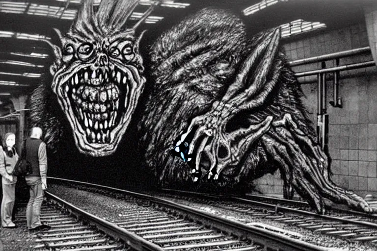 Image similar to very large giant mutant zombie irradiated ( angry rat ) staying on railways in tonnel of moscow subway. tonnel, railways, giant angry rat, furr, fangs, claws, very realistic. extreme long shot, wide angle, herman nitsch and herman nitsch, giger.