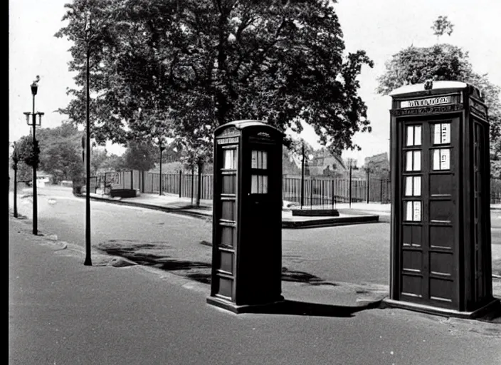 Prompt: photo of a metropolitan police box on a street in suburban london, police box, 1936, sepia