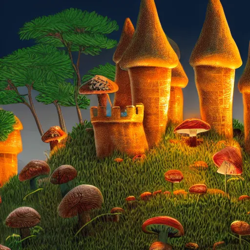 Image similar to highly detailed illustration of a mushroom castle at night ultra realistic, 4 k resolution