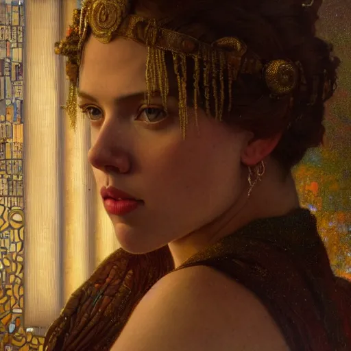 Prompt: highly detailed oil painting | very intricate | cinematic lighting | award - winning | the beautiful scarlett johansson wearing a flowing toga | by godward, by tom bagshaw, by j. c. leyendecker and klimt, beautiful cinematic light, american romanticism, by alphonse mucha, artstation, cgsociety, official art, octane