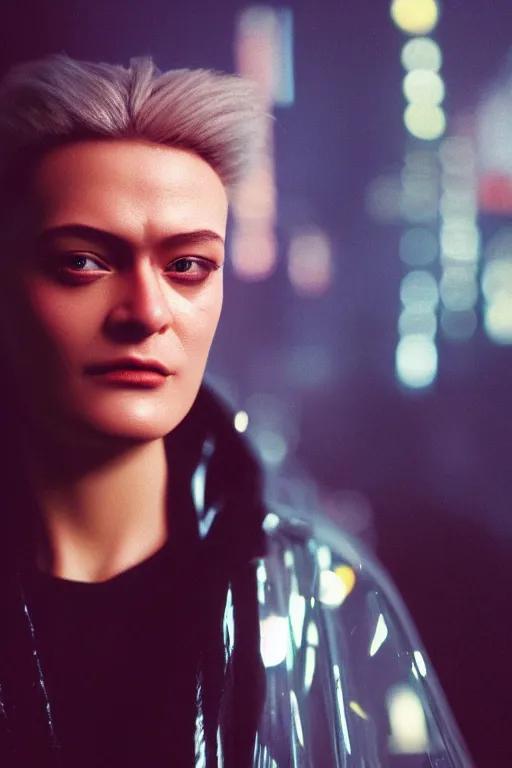 Prompt: Kodak Portra 400, 8K, highly detailed, wachowski 3/4 extreme closeup portrait, clear eyes, focus on clear transparent raincoat 1990s roy batty model, tilt shift zaha hadid style background: famous blade runner remake, tokyo izakaya scene