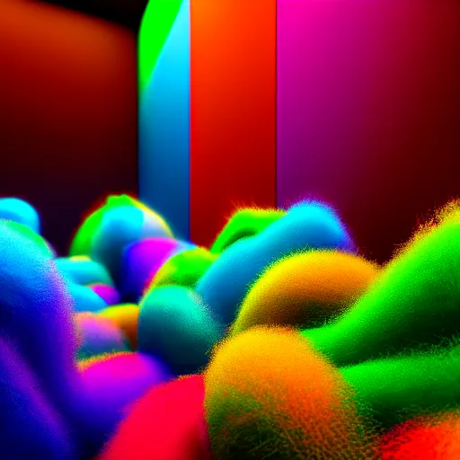 Image similar to : colorful abstract fuzzy sculpture on the wall in modern architecture, cinematic lighting, hyper - realistic, detailed, render by c 4 d octane, unreal engine, 8 k 3 d render