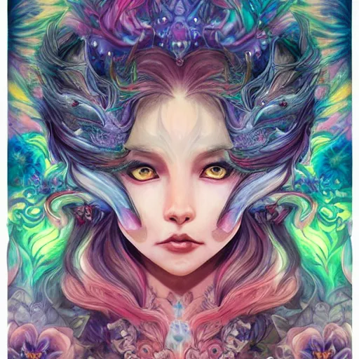 Image similar to Wolf goddess, lots of flowers, psychedelic, cosmic energy by Kelly McKernan,by Charlie Bowater, by Laura rubin, by yoshitaka amano, hiroshi yoshida, moebius, face by artgerm, inspired by dnd, bright pastel colors, sparkles️ iridescent aesthetic, detailed