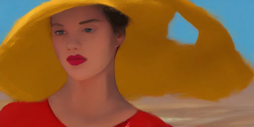 Image similar to beautiful oil matte portrait painting, young woman with red dress and mustard yellow summer hat at a beach on a sunny day, wonderful masterpiece highly detailed, beautiful cinematic light deep focus, elegant, digital painting, smooth, sharp focus, golden ratio, dramatic illumination, ultra realistic, 8 k, art by andy warhol