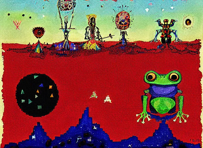 Image similar to pixel decollage painting tarot lovers card composition tower of babel road red armor maggot bear and wonky alien frog skeleton knight on a horse in a dark red cloudy night sky with golden foil jewish stars and diamonds, mountain lake and blossoming field in background, painted by mark rothko, helen frankenthaler, danny fox and hilma af klint, pixelated, naive