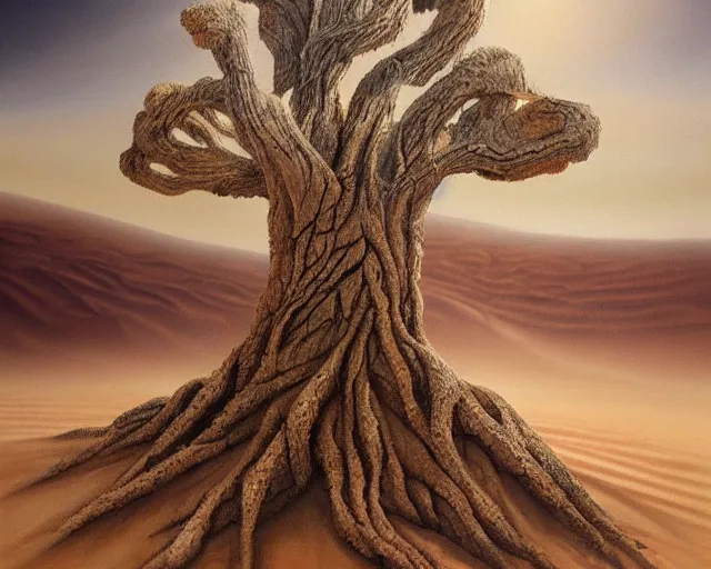 Image similar to a painting of a tree in the desert, an airbrush painting by breyten breytenbach, detailed sand pattern, cgsociety, neo - primitivism, airbrush art, dystopian art, apocalypse landscape