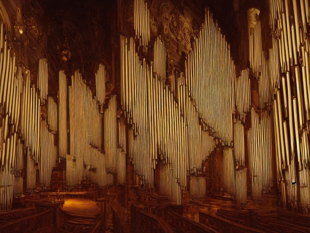 Image similar to hyper realistic photo of a million pipe organ interior volumetric lights designed by alan lee and caravaggio