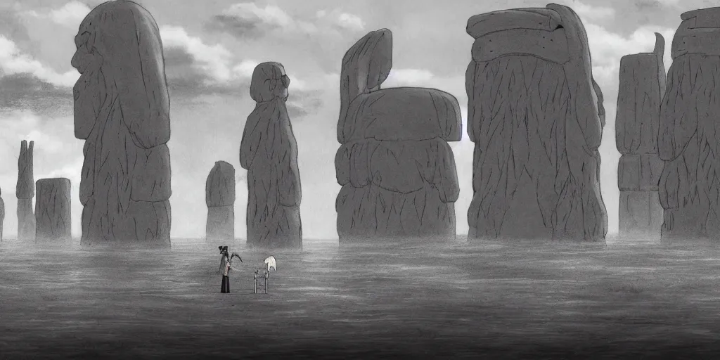 Image similar to a realistic cell - shaded studio ghibli concept art from paprika ( 2 0 0 6 ) of a giant mammoth and a grey warrior in a flooded monument valley stonehenge on a misty starry night. very dull colors, wide shot, hd, 4 k, hq