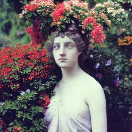 Prompt: portrait photograph of a very beautiful female model. symetric face. in a garden. flowers. autochrome Louis Lumières. detailed eyes. medium shot