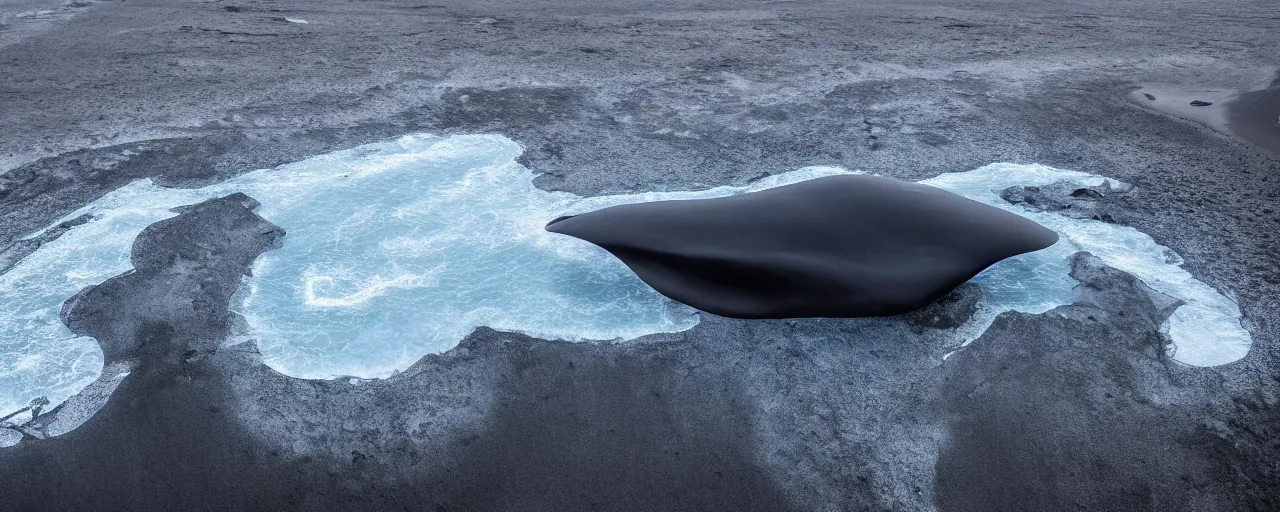 Image similar to cinematic shot of giant symmetrical futuristic military spacecraft in the middle of an endless black sand beach in iceland with icebergs in the distance,, 2 8 mm