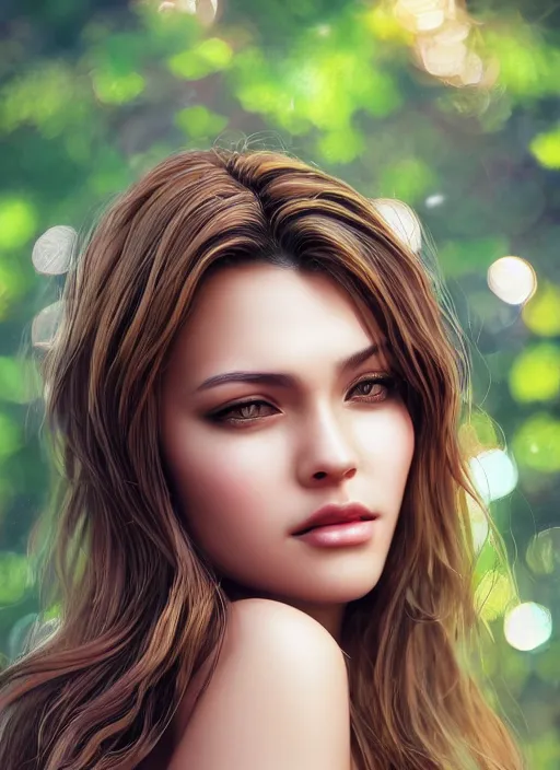 Image similar to photo of a gorgeous female in the style of stefan kostic, realistic, half body shot, sharp focus, 8 k high definition, insanely detailed, intricate, elegant, art by stanley lau and artgerm, extreme bokeh foliage