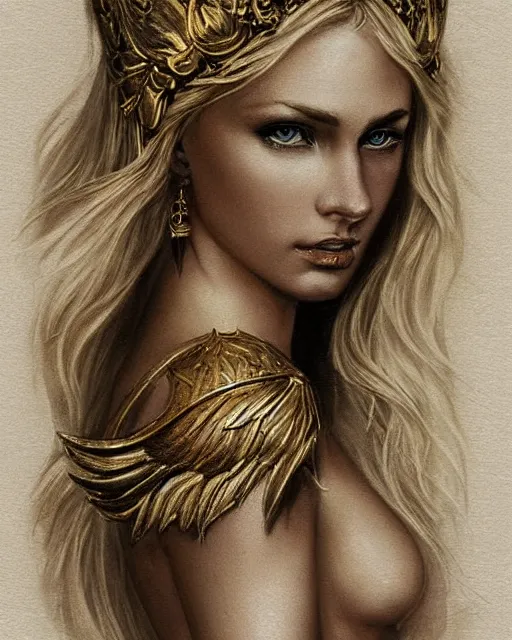 Image similar to tattoo design sketch of hot blonde super model as aphrodite greek goddess wearing a gold laurel wreath and triangle earrings, beautiful piercing gaze with sharp pupils, in the style of greg rutkowski, fantasy, amazing detail, epic, elegant, smooth, sharp focus, front view