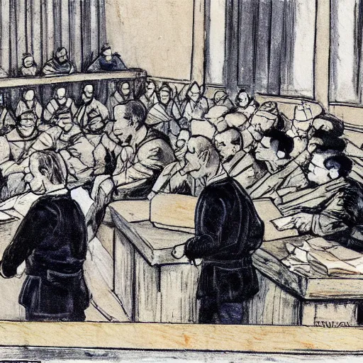 Image similar to shrek at nuremberg trials. court painting