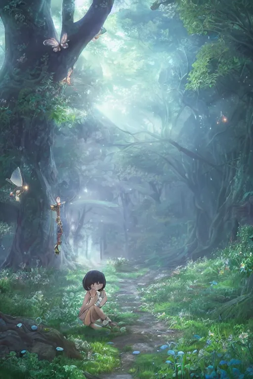 Image similar to forest path, fairy, beautiful ancient trees, hiding large treasure chest, glowing fireflies, serene evening atmosphere, soft lens, soft light, cel - shading, animation, in the style of cgsociety, deviantart, artstation, zbrush, cinema 4 d, studio ghibli, akihiko yoshida, atelier lulua, masamune shirow