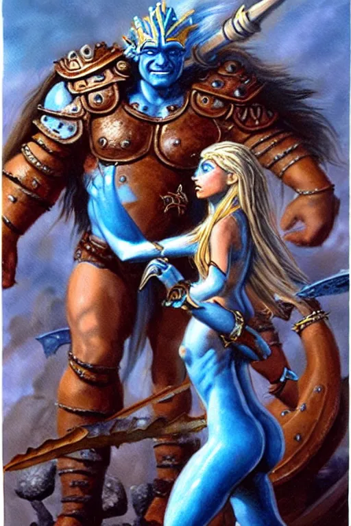 Image similar to a small blue-skinned triton girl wearing scale armor riding on a the shoulders of a large male goliath wearing fur and leather armor, dnd concept art, painting by Jeff Easley