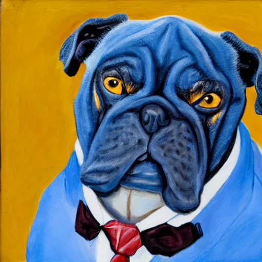 Prompt: american realist portrait of bat - eared bulldog - fish creature wearing a suit, ultramarine blue, burnt sienna and azo yellow