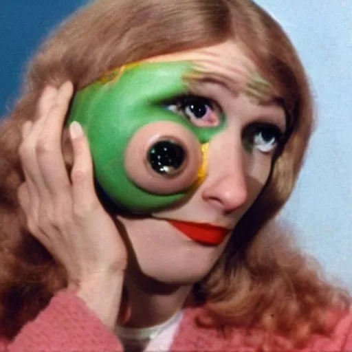 Image similar to woman with prosthetic nose enters an eyeball cult, 1973 live-action children's tv show, color