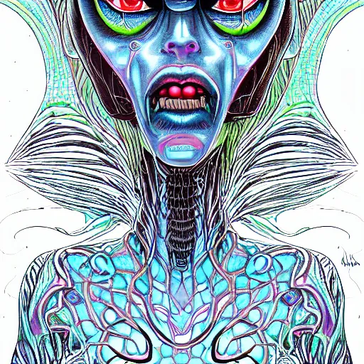 Image similar to closeup of an adorable cyber demoness, cute, eldritch woman abomination of unimaginable horror by alex grey and junji ito, speculative evolution, psychedelic illustration