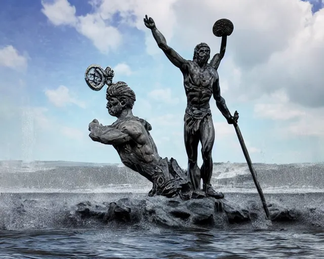 Prompt: a giant abstract sculpture of a legendary greek warrior god on the water, in the style of damien hirst, award winning, cinematic, hyper - realistic, very detailed, realistic water splashes, ray tracing, 8 k resolution, long - shot, sharp focus, low angle, 8 5 mm photograph, wide lens