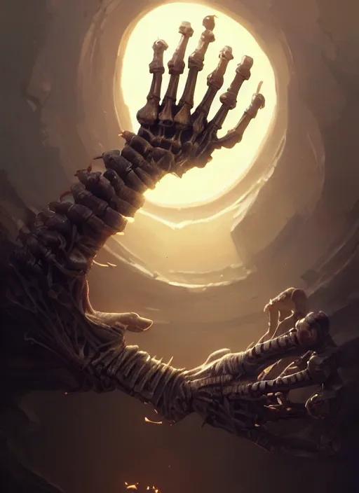 Image similar to Highly detailed skeletal hand, Stephen Bliss, unreal engine, fantasy art by Greg Rutkowski, Loish, Rhads, Makoto Shinkai and Lois van baarle, ilya kuvshinov, rossdraws, Tom Bagshaw, global illumination, radiant light, detailed and intricate environment