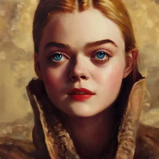 Image similar to ultra realistic portrait painting of elle fanning in soviet russia, art by frank frazetta, 4 k, ultra realistic, highly detailed, epic lighting