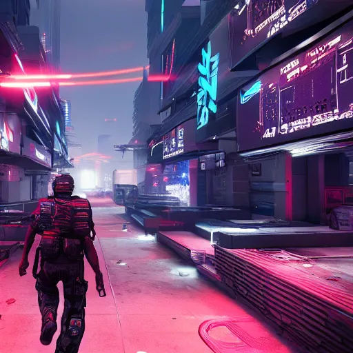 Image similar to futuristic call of duty game set in a synth - wave cyberpunk city, ps 5, 8 k