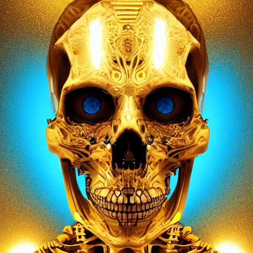 Image similar to hyperdetailed robotic skeleton head with blue human eyes, human eyes, symetry, golden ratio, iconography, intricate, detailed, volumetric lighting, scenery, digital painting, highly detailed, artstation, sharp focus, illustration, artstation, detailed vectorart