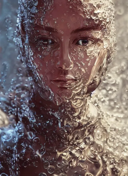 Image similar to sculpture made of water, portrait, female, future, shaman, harper's bazaar, vogue, magazine, insanely detailed and intricate, concept art, close up, wet, ornate, luxury, elite, elegant, trending on artstation, by ruan jia, by Kenneth Willardt, by ross tran, by WLOP, by Andrei Riabovitchev,