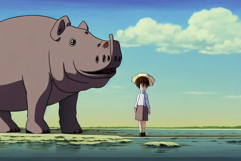 Image similar to a study of a cell shaded cartoon of a grey mechanical hippo from howl's moving castle ( 2 0 0 4 ), in an african river, full body, wide shot, very muted colors, post grunge, studio ghibli, highly detailed, deviantart, art by artgem