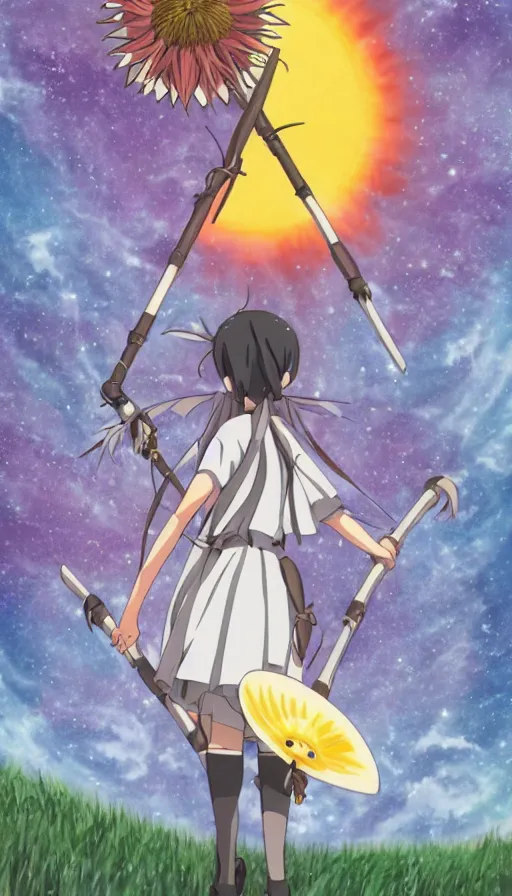 Image similar to the being death as a cute anime girl with a giant sun flower scythe from a studio ghibli film inspired by the death tarot card