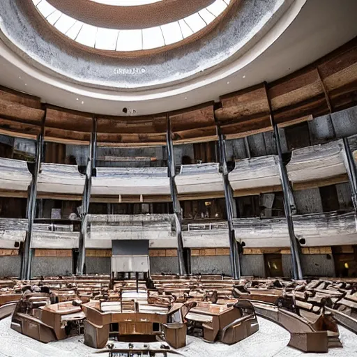 Prompt: interior of the israeli parliament in ruins, post - apocalyptic, high quality, concept art