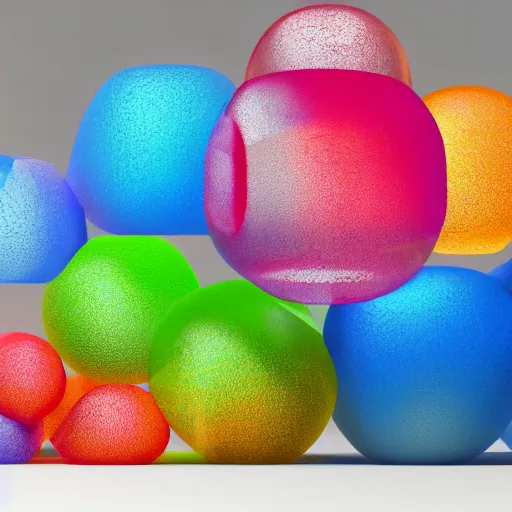 Image similar to 3 d render, magic translucent 3 d shapes, caustics, studio lighting, gemstone, magical, glowing, fruit candy, gushers, soft 3 d geometrical shapes, juicy, octane render, soft, high definition, beautiful mesh gradient colors, 1. 0 transmission, visual particles and static surrounding, clean aesthetic, blender, redshift, white background, ethereal