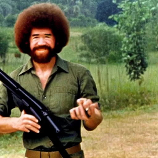 Image similar to bob ross holding a china - lake grenade launcher in the vietnam war