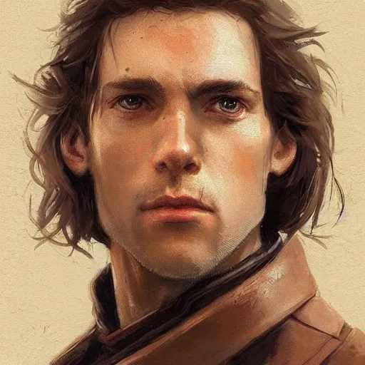 Prompt: portrait of a man by Greg Rutkowski, Cade Skywalker from Star Wars Expanded Universe, he is about 30 years old, wearing a leather jacket, highly detailed portrait, digital painting, artstation, concept art, smooth, sharp foccus ilustration, Artstation HQ