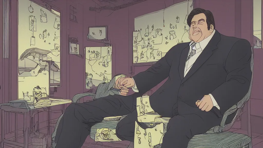 Image similar to Mayor Quimby from the Simpsons in a room with some expensive jewelry , screen print by Kawase Hasui and dan hillier, rendered in octane render 32k