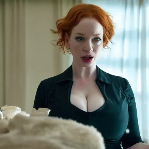 Image similar to amazing beautiful Christina Hendricks with mouth wide open in the living room, film still from the movie directed by Denis Villeneuve , wide lens