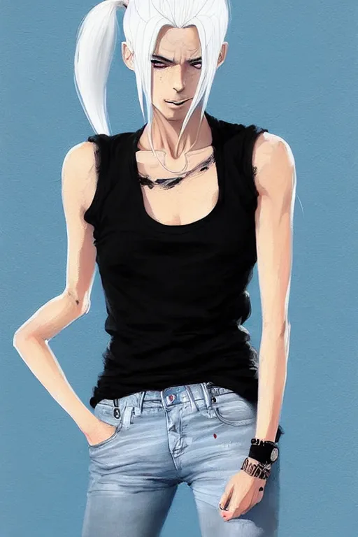 Image similar to a ultradetailed beautiful painting of a stylish woman in with white hair in a ponytail, she is wearing a black tank top and jeans, by conrad roset, greg rutkowski and makoto shinkai trending on artstation