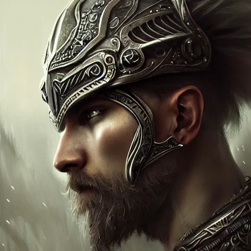 Image similar to beautiful extremely detailed intricate concept art depicting a male warrior by wlop. shining jewelry. grey atmosphere. bcy. net