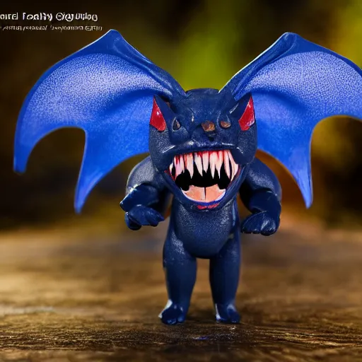 Image similar to detailed full body of scary giant mutant dark blue humanoid pygmy-bat, glowing red eyes flying above a stormy ocean, sharp teeth, acid leaking from mouth, realistic, giant, bat ears, bat nose, bat claws, bat wings, furred, covered in soft fur, detailed, 85mm f/1.4