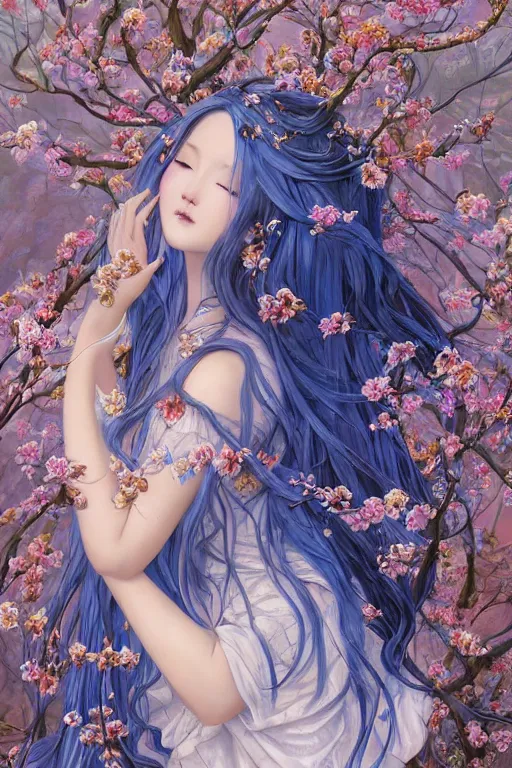 Image similar to breathtaking detailed painting by pilyeon and yuumei art, a full shot queen with long flowing bright blue hair, long dress and pastel flowers petals and golden tumultuous clouds, symmetrical facial features, at dawn in front of a pristine golden art nouveau cathedral, elegant, highly detailed, artstation, concept art, matte, sharp focus,