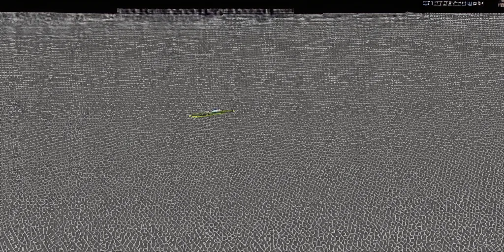 Image similar to PS1 game, plane flying over city, static white noise glitching in the sky