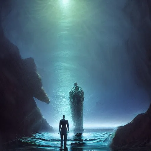 Image similar to Cthulhu emerging from the water while a man stands on the shore watching at night by Marc Simonetti