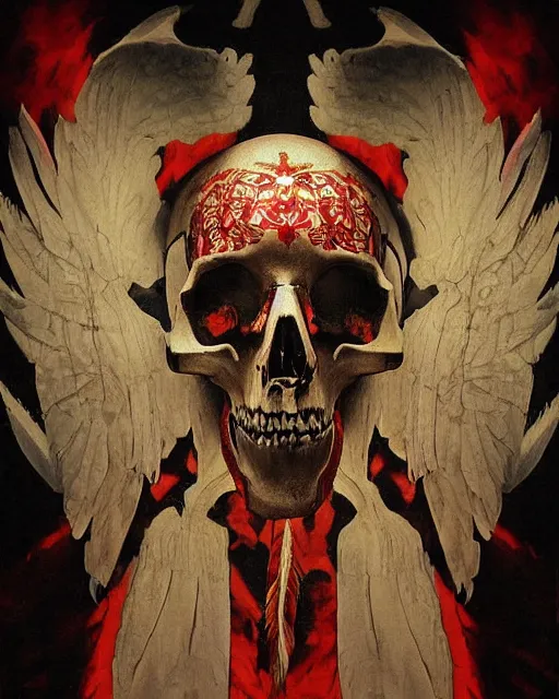 Prompt: an angel with a skull painted with indigenous motifs for the head by tsuyoshi nagano, dramatic lighting, blood, god rays, angelical