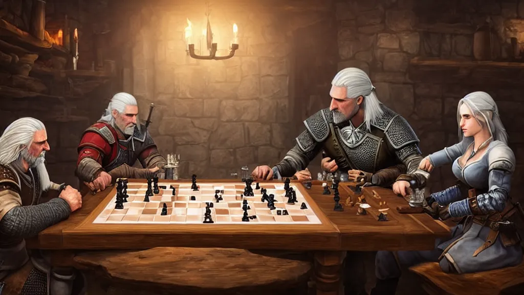 Image similar to Geralt of Rivia and Ciri playing chess in a tavern. geralt de rivia and ciri play at a table in the middle of the tavern, pixel art by Gerardo Quiroz, devian art, 4k