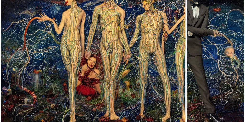 Image similar to two lovers wearing a suit made of nervous system, channeling third eye energy, surrounded by a background of cyber mystic garden of earthly delights, midnight hour, painted part by wojciech siudmak, part by ilya repin, part by norman rockwell, part by zhang jingna, artstation