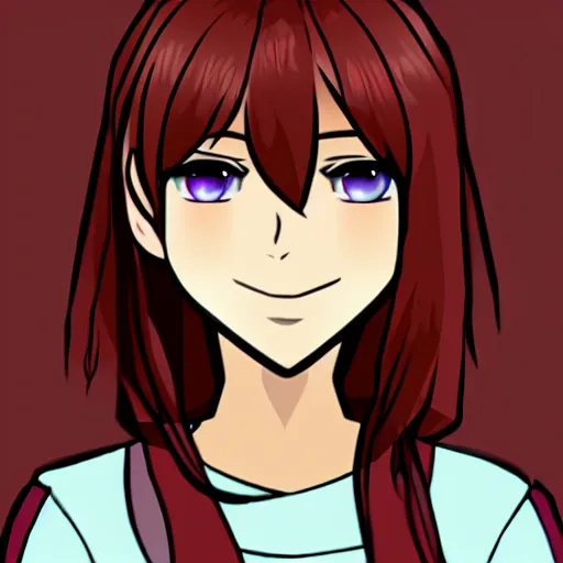 Prompt: visual novel front - facing character sprite of a red - haired teen