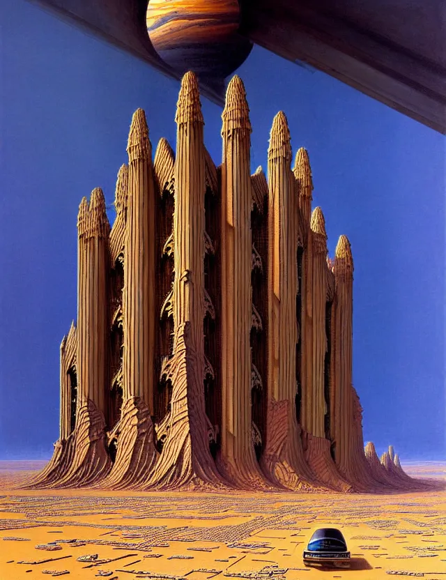 Image similar to close shot of a giant immense tomb gothic architecture advanced technology scifi architectural structure desert planet, fantasy, elevator, side ramp entrance, ambulance, smoke, dead bodies, guards intricate, painting by lucian freud and mark brooks, bruce pennington,