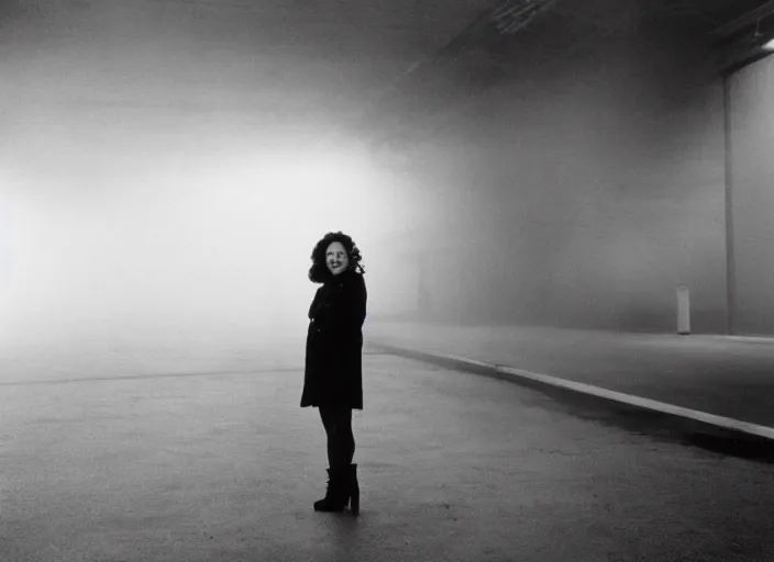 Image similar to cinematic portrait of olivia coleman standing outside in a foggy desolate eerie department store empty parking lot, one car, paranoia everywhere, scene from the tense thriller film directed by stanley kubrick, detailed portrait photo, volumetric hazy lighting, anamorphic lens, moody cinematography, 3 5 mm kodak color ektochrome