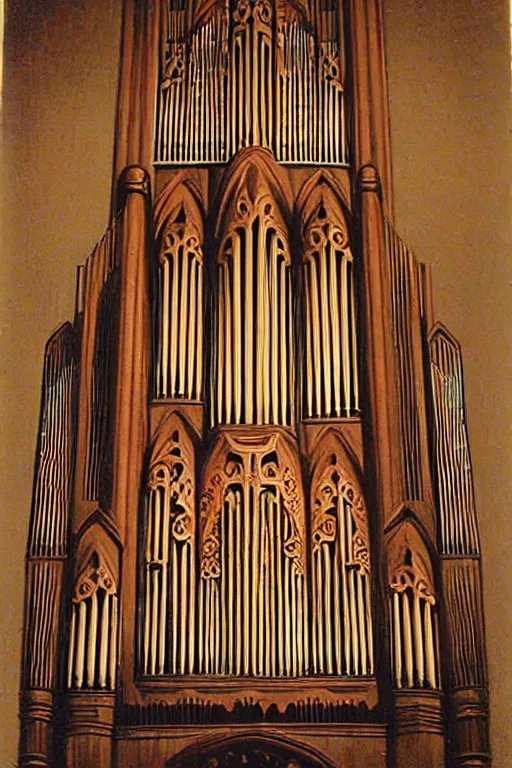 Image similar to pipe organ gothic by grant wood, carpenter gothic